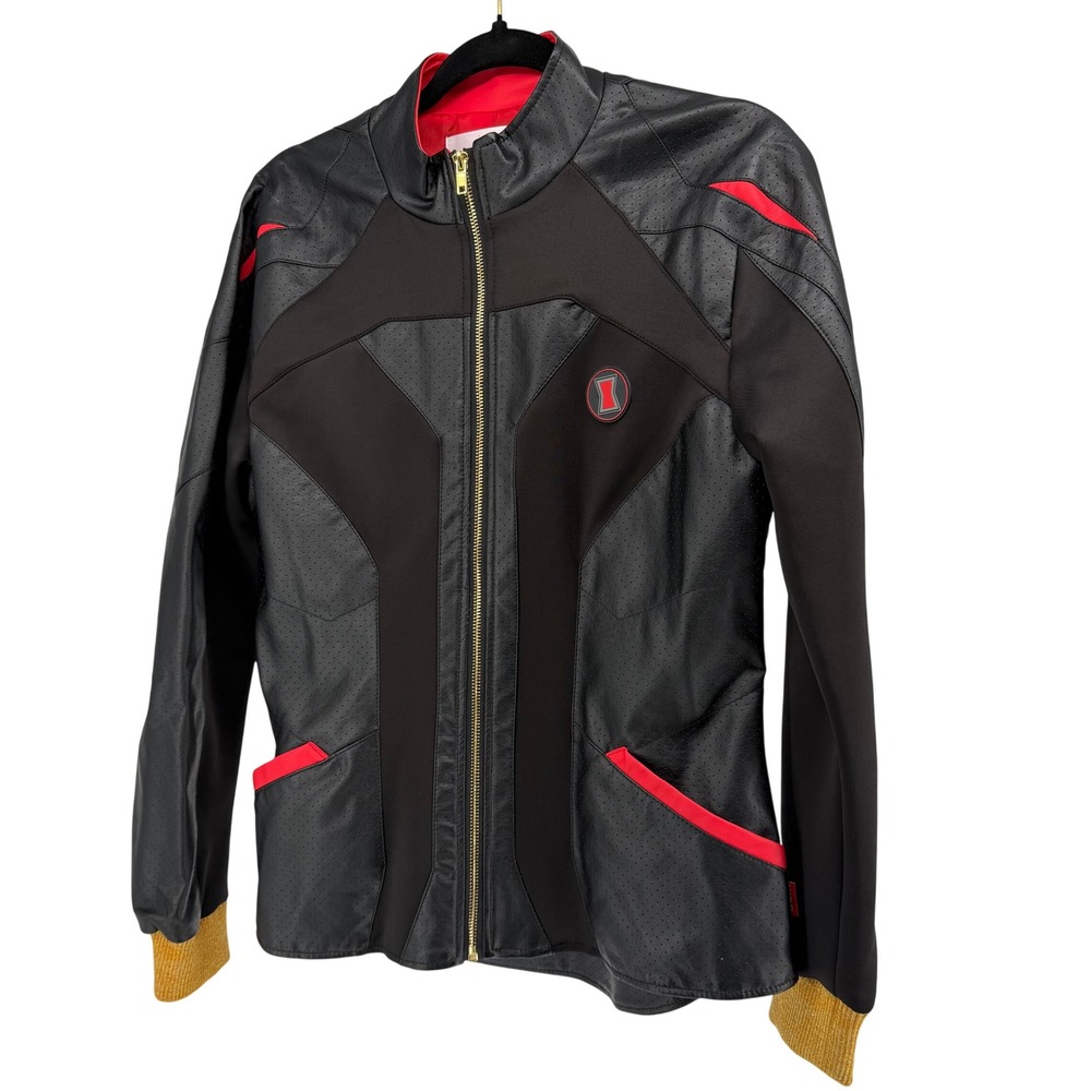 Disney Marvel Black‎ Widow Faux Leather Moto Jacket Size L Black Red Gold Accent